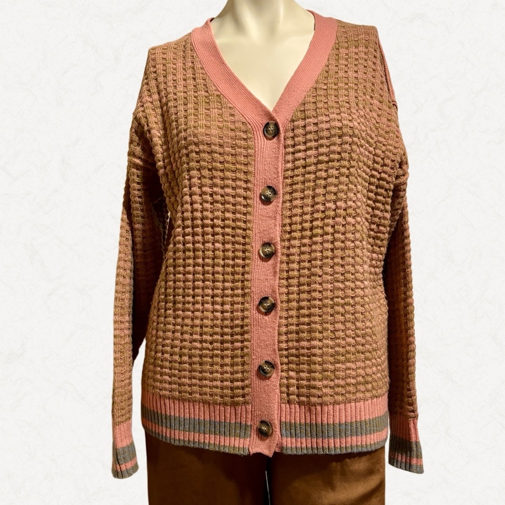 Love Tree Chunky Knit Cardigan Pink Brown Cozy Oversized Sweater Small
